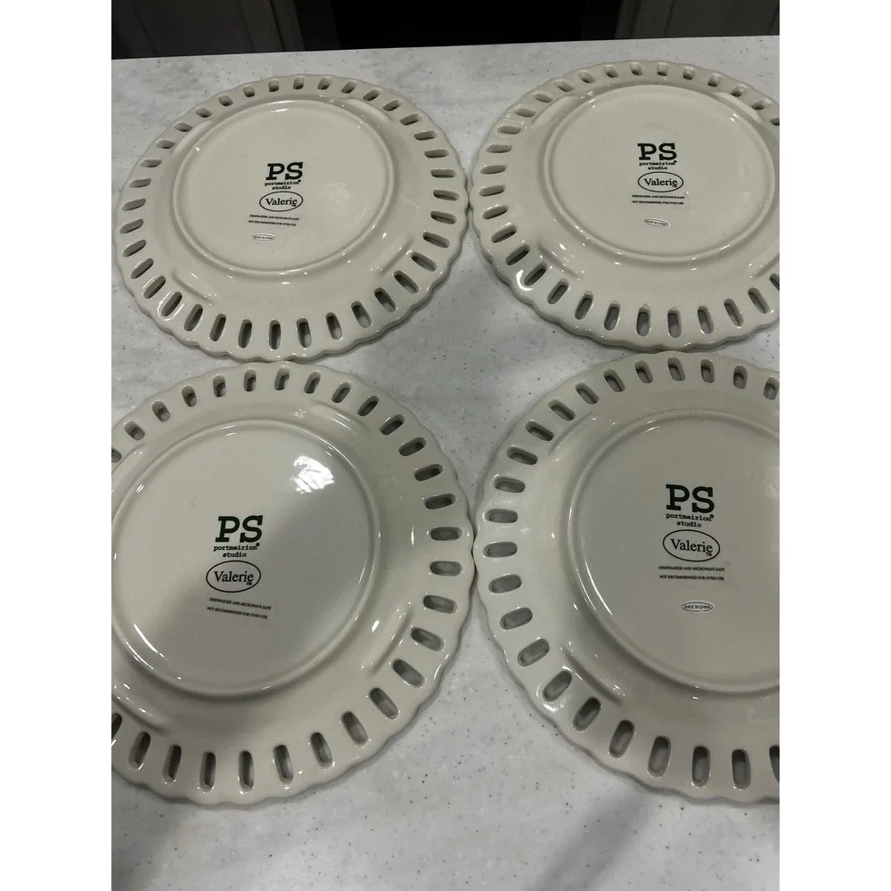 4 Portmeirion Studio Valerie White Dinner Plates Reticulated Rim Lace Lattice